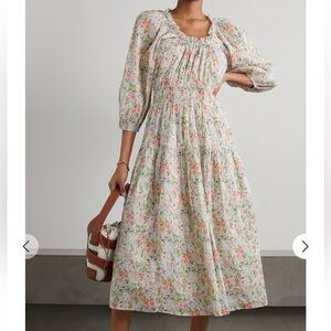 THE GREAT. Floral Midi Dress - White, Pink, Green